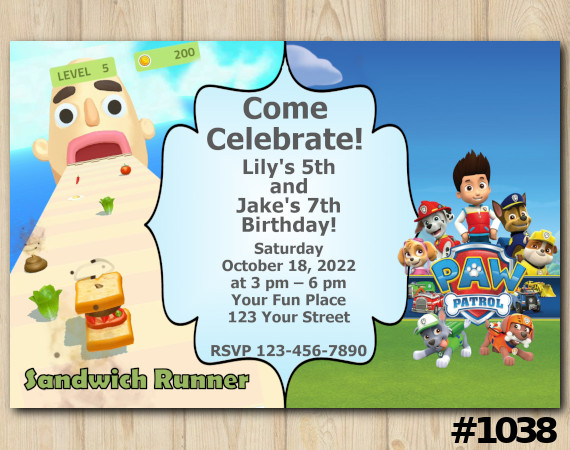 Twin Sandwich Runner and Paw Patrol Invitation | Personalized Digital Card